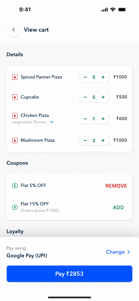 Waitr cart with loyalty and coupons